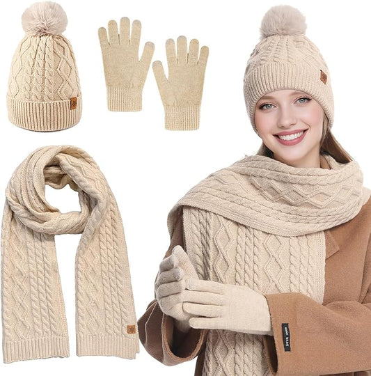 QUIRAI Winter Hat Gloves Scarf Set Women, Fleece Lined Beanie with Pom, Scarf Neck Warmer Touchscreen Gloves 3 in 1 Gift Set