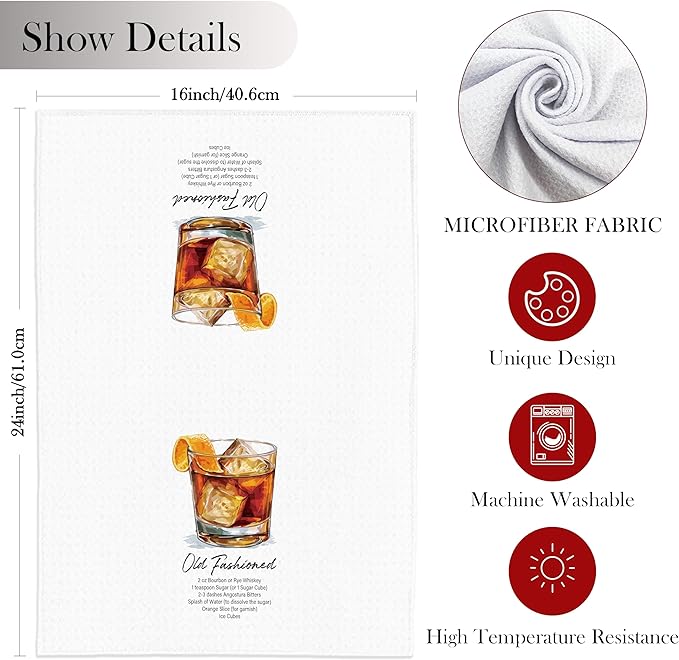 Cocktail Old Fashioned Gifts Kitchen Towels, Cocktail Old Fashioned Dish Tea Hand Towels for Kitchen Bar Decor, Gifts for Bartenders, 16x24 Inch