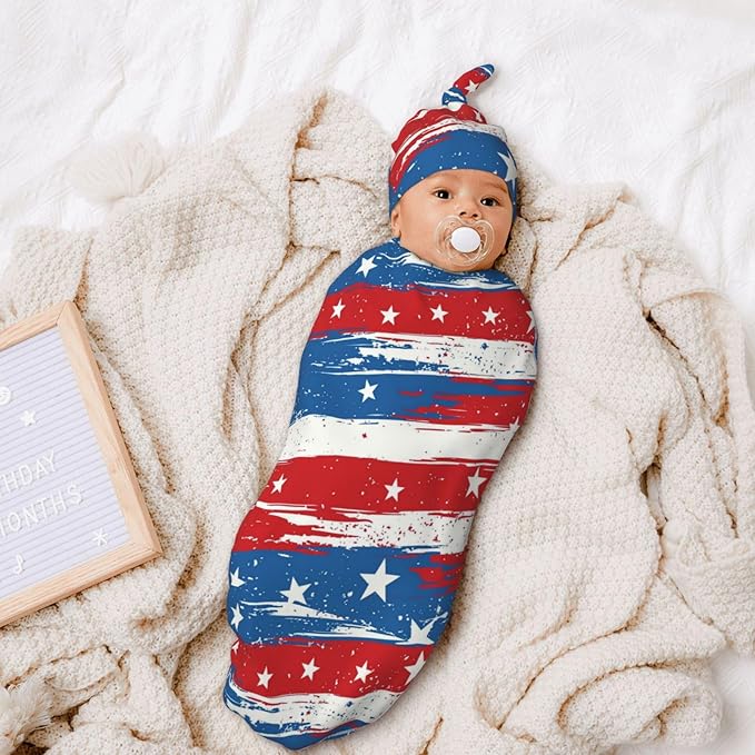 Newborn Swaddle Blankets and Hat Set Soft Cotton Baby Swaddle Wrap Warm Infant Receiving Blanket Flag