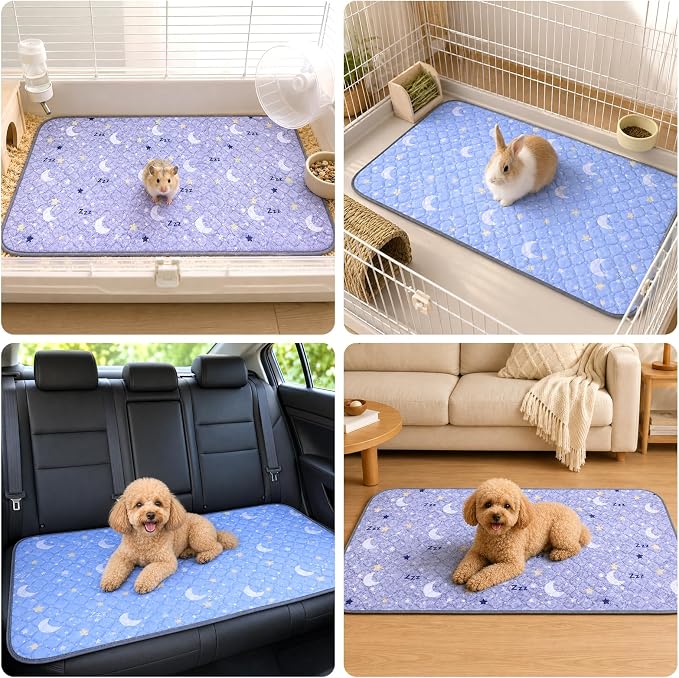 Guinea Pig Cage Liner 2 Pack Super Absorbent Washable Guinea Pig Pee Pads Waterproof Reusable Anti Slip Bedding Pee Pad Mat for Rabbit Bunny Rat Cat (Stars&Moon, 28" x 14" (2 Pack))