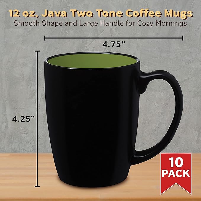 DISCOUNT PROMOS 10 Java Two Tone Coffee Mugs Set, 12 oz. - Stoneware, Durable, Easy Grip - BLACKLIME