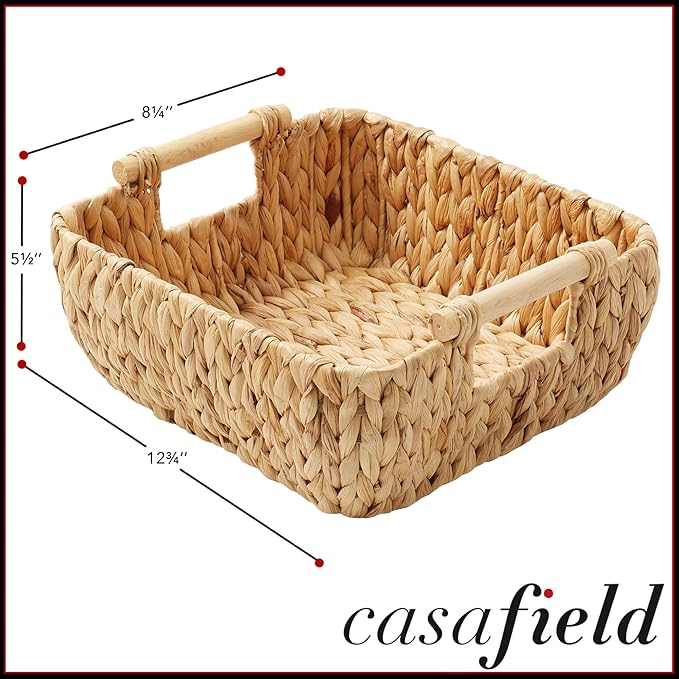 Casafield Set of 2 Water Hyacinth Oval Storage Baskets with Wooden Handles - Small, Woven Bin Organizers