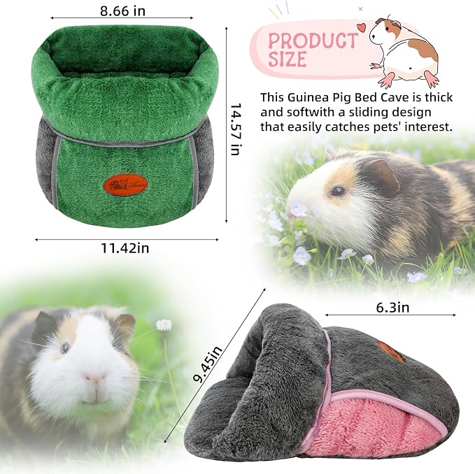 YUEPET 2 Pack Guinea Pig Bed, Guinea Pig Cuddle Sack, Grey & Green | Guinea Pig House, Portable Guinea Pig Hideout, Folds Flat for Storage, Pocket-Style Bedding