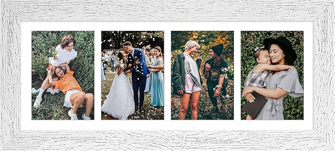 8x21 Picture Frame Display 4 opening 5x7 Collage Picture Frame,Multi Photo Frame with Mat,Plexiglass,Horizontal and Vertical Formats for Wall Decor,Distressed White Wood Grain