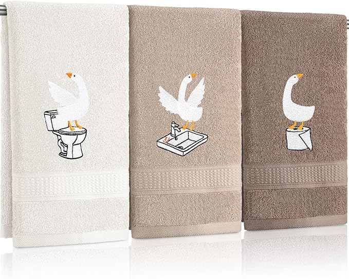 3 Pcs Silly Goose Hand Towels Geese Gifts Funny Bathroom Decor | Brown Farmhouse Decorative, 100% Cotton Embroidered Towels for Bathroom Kitchen Decor, 13.3 x 29.5''