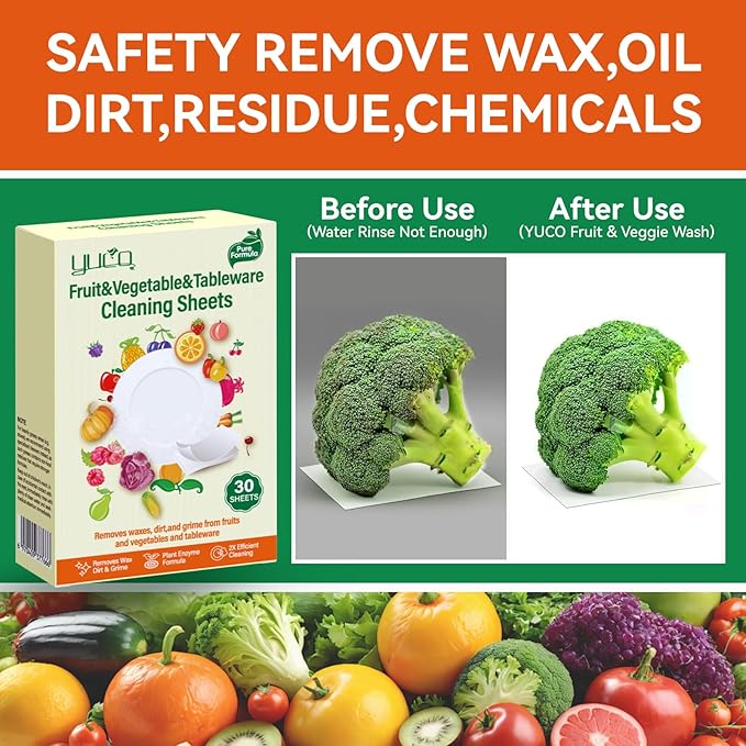 YUCO Fruit and Vegetable Wash Sheets, Easy & Quick Effective Removes Wax,Oil,Dirt,Harmful Chemical Residues from Organic Produce, Allowing Fresh Longer, For Spray Wash and Soak wash, 30 Sheets