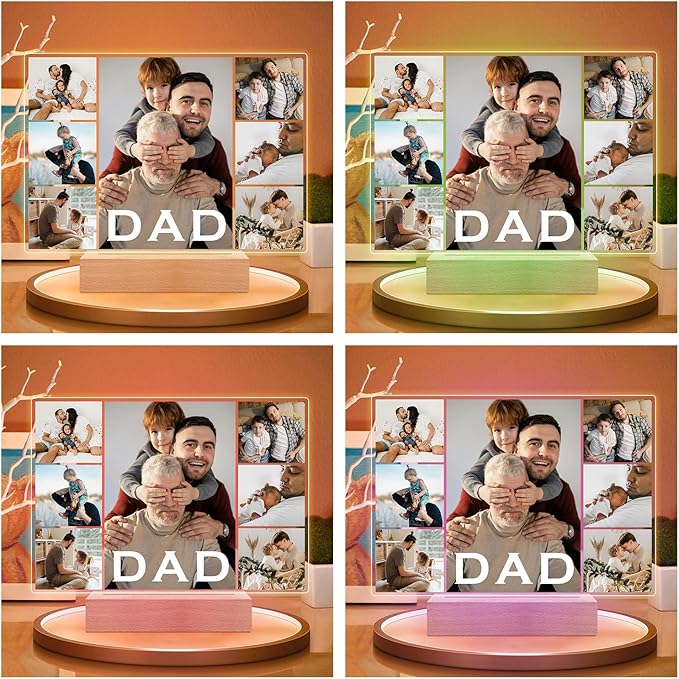 Custom Picture Frames with Photos, Custom Dad Photo Frame with Night Light, Customized Dad Birthday Gifts, Personalized Father's Day Gifts for Dad from Daughter Son Wife