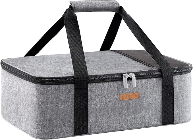LUNCIA Insulated Single Decker Casserole Carrier, Lasagna Lugger Tote Keeps Food Hot or Cold, Thermal Lunch Bag for Potluck Parties, Picnic and Cookouts, Fits 8"x11" Baking Dish, Grey
