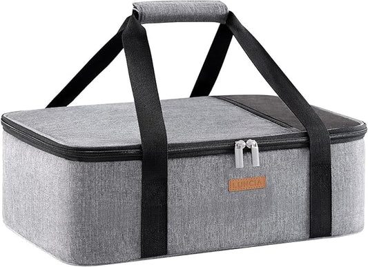 LUNCIA Insulated Single Decker Casserole Carrier, Lasagna Lugger Tote Keeps Food Hot or Cold, Thermal Lunch Bag for Potluck Parties, Picnic and Cookouts, Fits 8"x11" Baking Dish, Grey