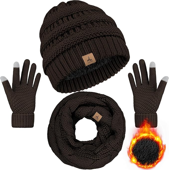 Winter Beanie Hat Scarf Gloves, Warm Fleece Knit Hats Touch Screen Gloves Neck Scarf Set Winter Gifts for Unisex Adult