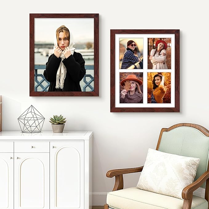 12x16 Picture Frame 5x7 Collage Picture Frame Displays Four 5x7 inch Photos or 12x16 (Without Mat) for Available Horizontal Wall Mounting Display and Vertical Redwood