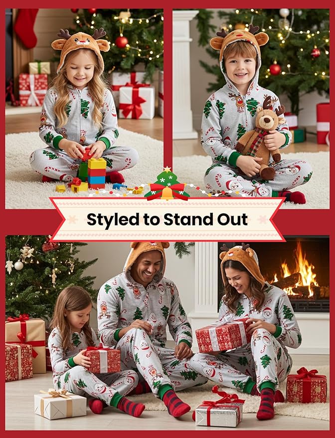 PATPAT Matching Family Christmas Onesie Pajamas – Holiday Hooded Jumpsuit Sleepwear PJs Couples Xmas Loungewear with Socks