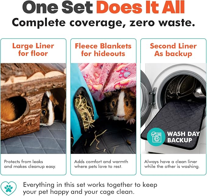LUFTPETS Guinea Pig Cage Liners 5 Pcs, Washable C&C 2X4 Pads & Fleece Mats | 2 Absorbent Bunny Pee Pads 57x28, 3 Soft Blankets. Top Releases Hay. Waterproof Non-Slip Rabbit Bedding