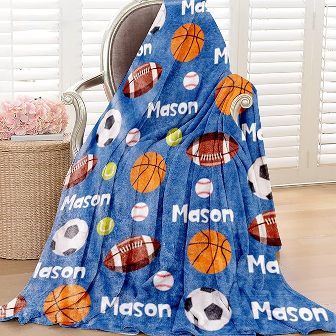 Personalized Ball Blanket with Name for Boys, Custom Kids Ball, Soft Flannel Toddler Customized Gift Birthday Christmas Baby Shower Newborn 30'' X 40'', 6-balls-blue