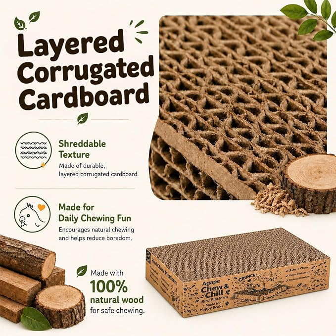 Agape Shreddable Bird Cardboard Platform, Natural Parrot Chew Toy and Perch | Safe Cage Mounted Paper Toy Accessory for Budgies, Lovebirds, Quakers, Cockatiels & Conures, Supports Beak & Foot Health