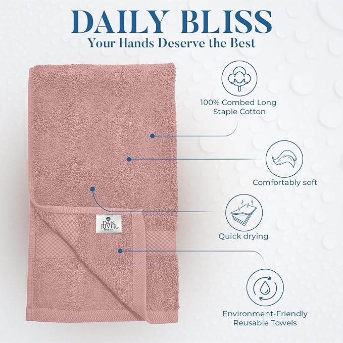 DAN RIVER 6-Pack Premium Hand Towels (16x28 Inches) - 100% Cotton, Ultra Soft, Lightweight, Highly Absorbent Towels for Bathroom, Spa, Gym, Salon, Hotel, and Travel - 550 GSM – Dusty Pink