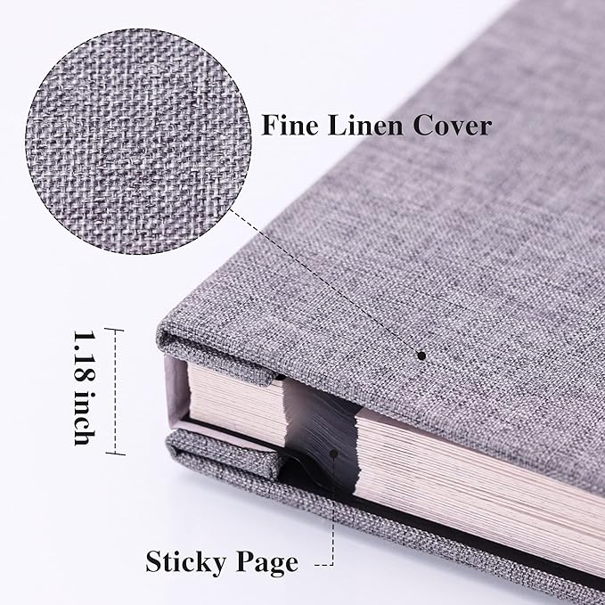 Vienrose Large Photo Album Self Adhesive for 4x6 8x10 Pictures Linen Scrapbook Album DIY 60 Blank Pages with A Metallic Pen Grey