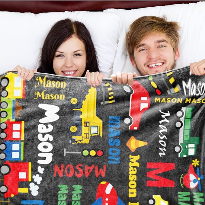 Personalized Blanket with Name for Boys, City Car Transport Custom Name Blanket, Soft Flannel Toddler Blankets Customized Gift for Newborn Baby Shower Birthday-30 x40