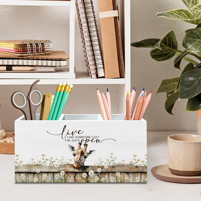 DILSJ Giraffe Inspirational Pen Pencil Holder Organizer For Desk, Giraffe Gifts, Rustic Floral Live Like Someone Left The Gate Open Wooden Box Signs For Home Office Desk Tabletop Decoration
