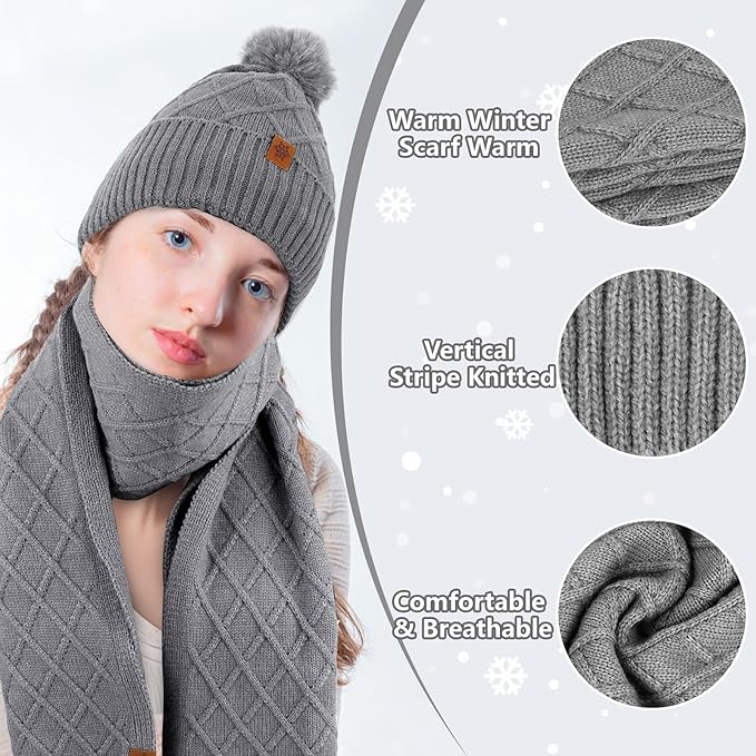 YARIEW Winter Hat Scarf and Gloves Set for Women, Warm Knitted Beanie with Pom Pom, Soft Ear Warmer Scarf, Warm Gloves