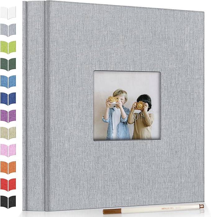Photo Album Self Adhesive Scrapbook Album for 3x5 4x6 5x7 8x10 Pictures,40 Pages Linen Cover with Display Window DIY Photo Book,Ideal Gifts for Family Travel Wedding Baby