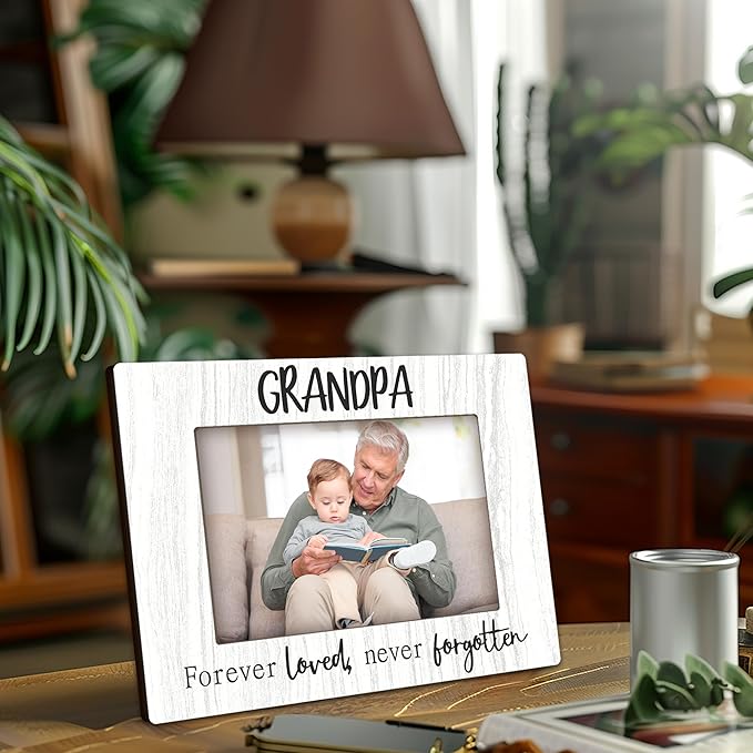 Grandpa picture Frame, White Wood Sentiments “Forever Love Never Forgotten” Picture Frame, 4x6 Inch, Meaningful Photo Gift for Grandpa, Stylish Tabletop and Desk Decor