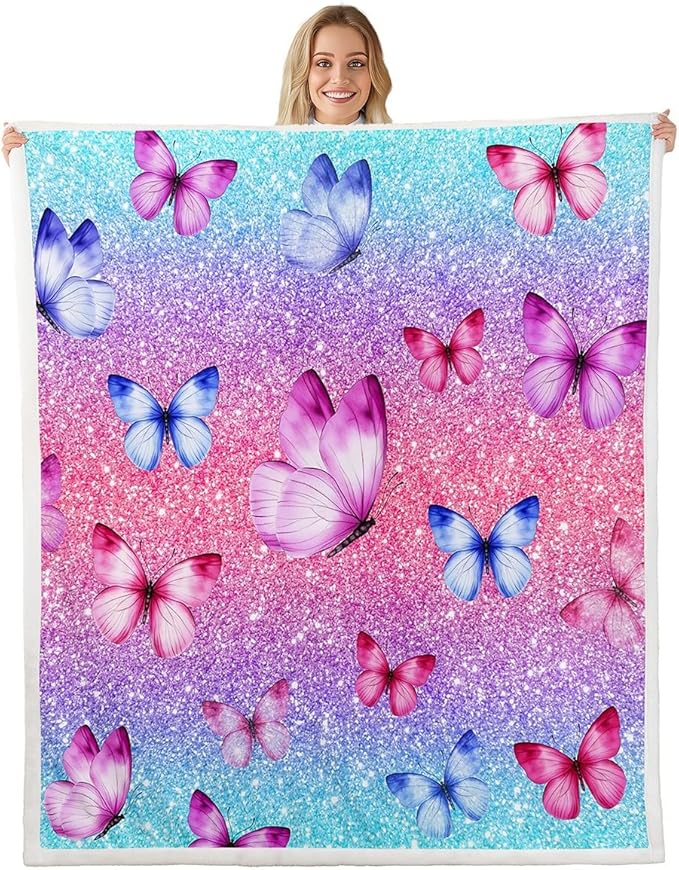 Feelyou Girls Glitter Print Fleece Throw Blanket 40"x50" Kids Blue Pink Butterfly Sherpa Blanket Plush Fuzzy for Bed Couch Chair Living Room, Dreamy Girly Bed Blanket Princess Style Room Decor
