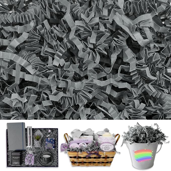 Gray Crinkle Cut Paper Shred Filler, 2 LB Basket Filler Shredded Paper, Confetti Stuffing for Basket Filling, Halloween, Thanksgiving, Christmas, Birthdays, Gift Wrapping, Stuffer Party Supplies