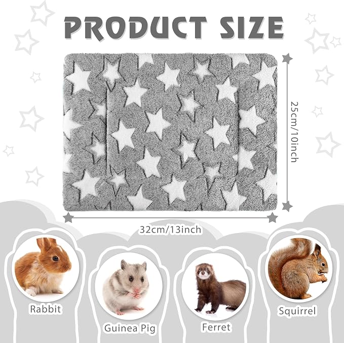 Haull 4 Pcs Waterproof Guinea Pig Bedding Soft Dog Cat Bed Crate Mat Small Animal Plush Cage Liners Rabbit Bunny Kennel Pad Reversible Cozy Pee Thickened Hamster Pad(Gray Star,13 x 10 Inch)