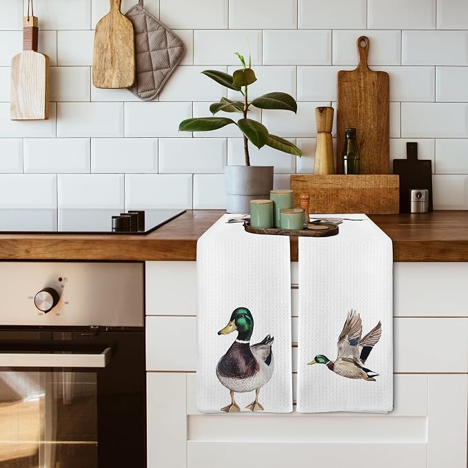Funny Mallard Duck Kitchen Towels and Dishcloths Sets of 2, Mallard Duck Nursery Decor Gifts, Woodsy Rustic Farm Hunting Nursery Home Decor Dish Hand Tea Towels for Bathroom Kitchen,16x24Inch