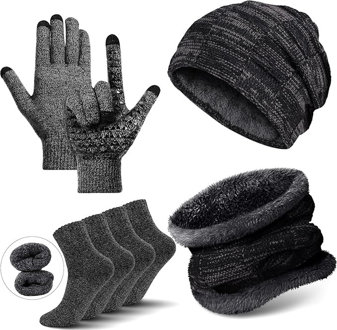 Winter Fleece Lined Beanie Hat Scarf Sock Touchscreen Gloves Set for Men Women