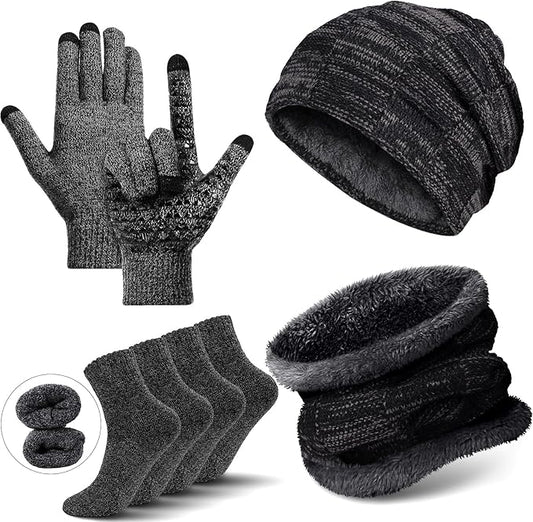 Winter Fleece Lined Beanie Hat Scarf Sock Touchscreen Gloves Set for Men Women