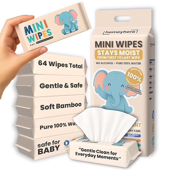 Mini Wet Wipes - Alcohol & Fragrance Free, Safe for Babies & Kids - 8 Bags Total 64 Wipes (Sunset Elephant)