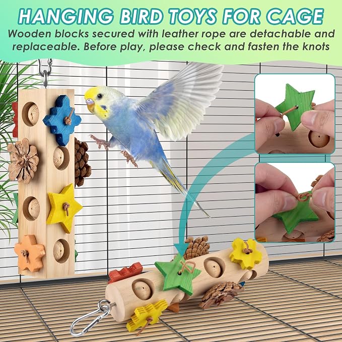 DBNESS Bird Toys for Parrot, 2 Pcs Hanging Colorful Wood Blocks Pinecones Parakeet Chew Foraging Toy for Beak-Grinding, Cage Accessories for Small to Medium Budgies, Cockatiels, Caiques, Conures