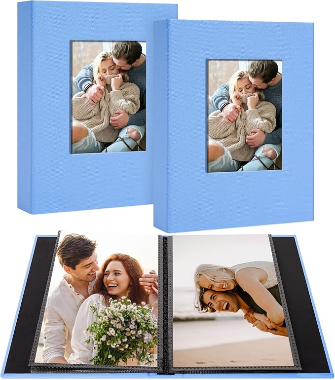2 Pack Photo Album Holds 48 Pockets with Linen Cover and Customizable Window, Fits 4x6 Photos, Archival Black Pages, Blue
