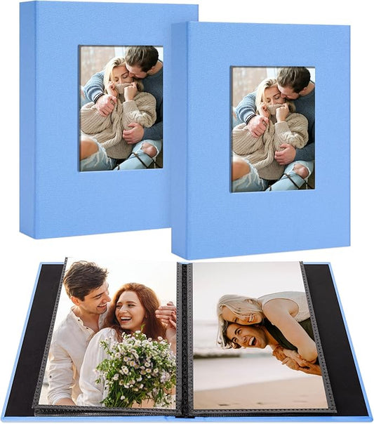 2 Pack Photo Album Holds 24 Pockets with Linen Cover and Customizable Window, Fits 4x6 Photos, Archival Black Pages, Blue