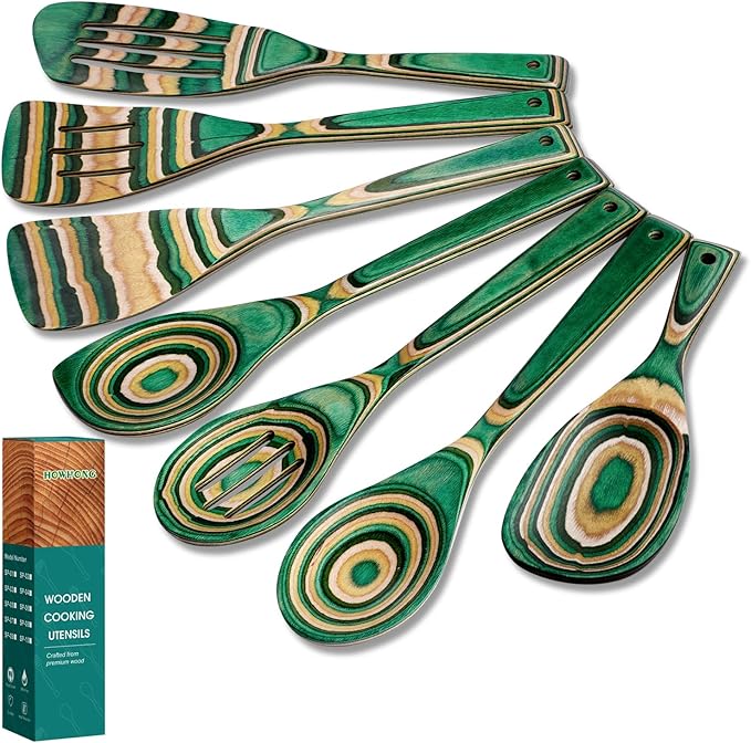Pakkawood 7-Piece Wooden Cooking Utensil Set-Wood Kitchen Utensil Set, Wooden Spoons for Cooking, Nonstick Safe Non-Toxic Wooden Cooking Tools by HOWHONG (Oasis Color)