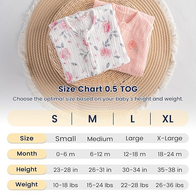 PHF 100% Muslin Cotton Baby Sleep Sack, 12-18 Months Baby Wearable Blanket with 2-Way Zipper, 2 Pack Soft Breathable Cooling 0.5 TOG Large Size Sleeveless Sleeping Bag for Girls, Pink Floral