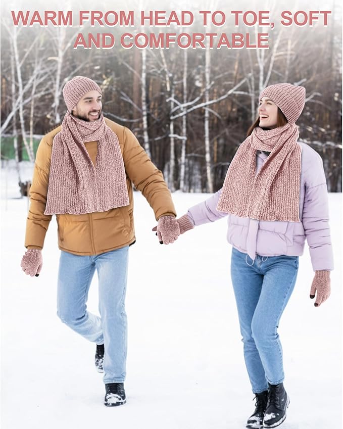 Geyoga 6 Pcs Winter Knit Set Beanie Hat Long Scarf Touchscreen Gloves Ear Muff Socks Warm Valentine Gift for Women Men Snow(Pink,Classic Style)