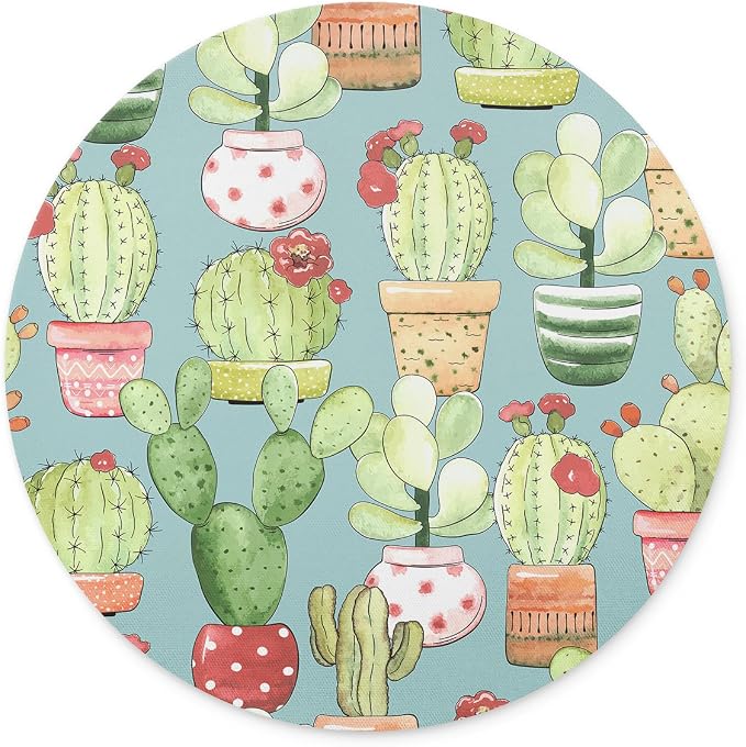 TuMeimei Non-Slip Rubber Round Mouse Pad (Cacti in pots on Turquoise) | Non-Slip Rubber Cacti in pots on turquoise Design Round mouse pad(7.87 inch x 7.87 inch)