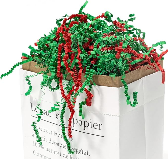 Mefleet 1/2 LB Crinkle Cut Paper Shred Filler 8 oz Green & Red Crinkle Shredded Paper for Gift Box - Gift Basket Bag Filler - Grass Cushion Stuffing for Christmas Holiday Packaging Wrapping