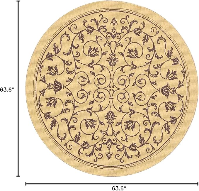 SAFAVIEH Washable Rug Outdoor Courtyard Collection - 5'3" Round, Natural & Brown, Non-Shedding & Easy Cleaning, Ideal for Patio, Backyard, Mudroom (CY2098-3001)