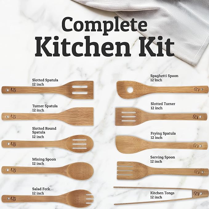 PriorityChef Wooden Spoons for Cooking, 9Pc with Tongs, Non Scratch Bamboo Cooking Utensils, Non-Toxic Wooden Utensil Set, Easy to Clean Kitchen Utensils Set for Everyday Use on All Cookware Types