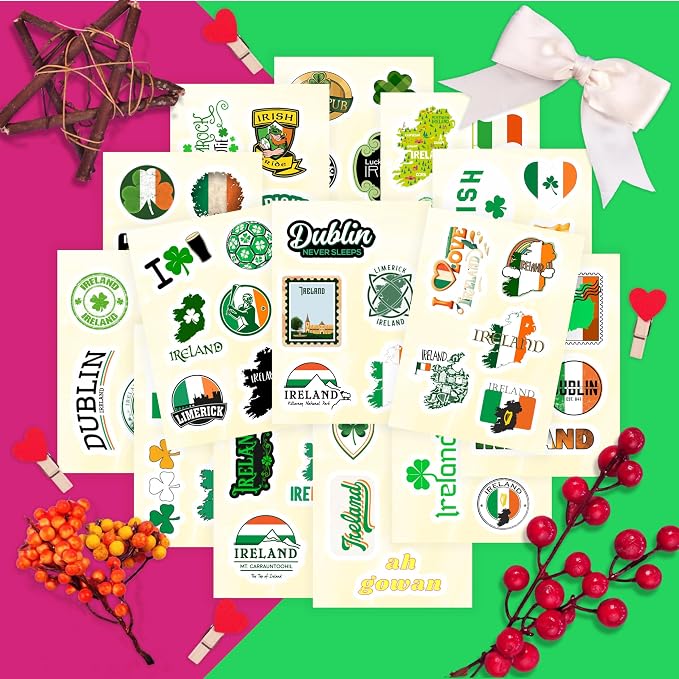 Ireland Stickers, Irish Stickers for Water Bottle and Laptop - Ireland Party Supplies & Decorations, Waterproof Vinyl Decals, Gifts for Women & Men