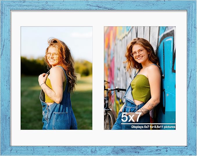 8.5x11 Double 5x7 Picture Frame Double Picture Frame Displays Two 5x7 inch Photos Available Horizontal Wall Mounting Display and Vertical Blue