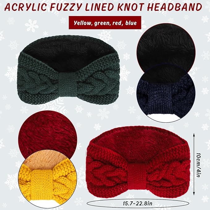 Whaline 4 Pack Twisted Knit Headband Winter Knotted Head Wrap Fuzzy Lined Headband Thick Crochet Turban Ear Warmer Elastic Hair Band Accessories for Women (Yellow, Green, Navy Blue, Red)