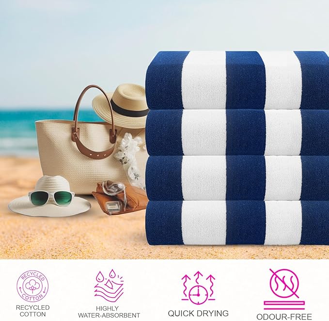 CASA COPENHAGEN Cabana Towel Designed in Denmark Rough and Tough, Quick Dry, Beach, Pool, Bath & Shower 30x60 inches 32 Pieces Cotton Beach Bath Towels Set - Royal Blue