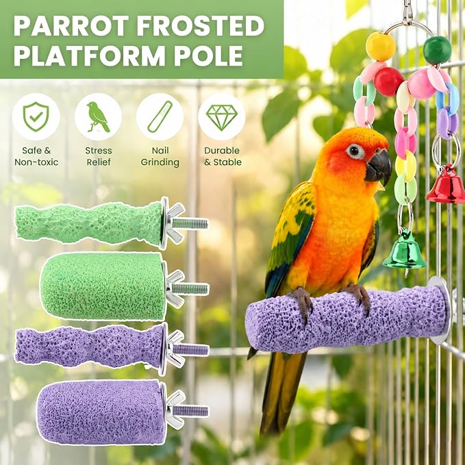 4 Pcs Bird Beak Grinding Stones, Small & Medium Bird Parrot Cage Perch | Bird Cage Stand Plat Form Foot Claws Trimmer with Swing Bell