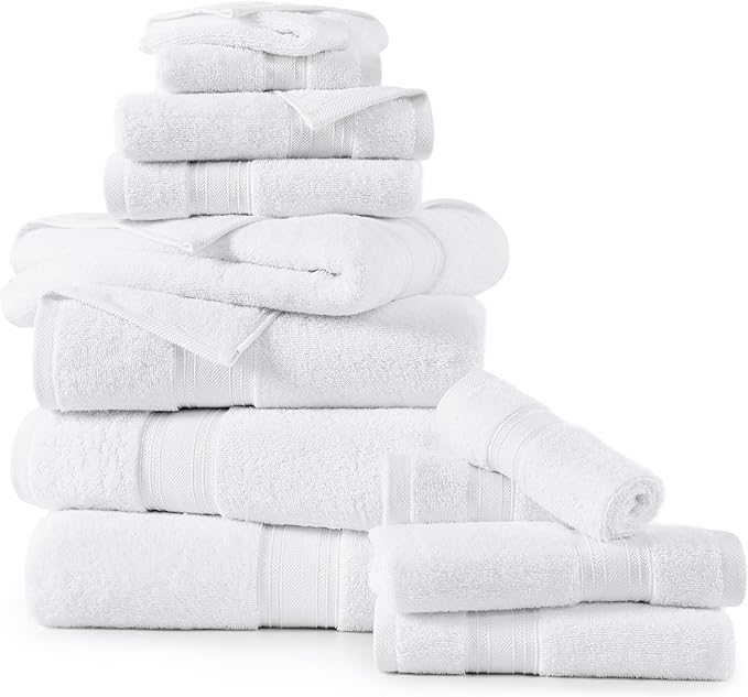 LANE LINEN 100% Ring-Spun Cotton Bath Towels Set of 12 – Zero Twist, 4 Bath, 4 Hand Towel & 4 Washcloths, Soft, Ideal for Spa Hotel & Home, Durable After Multiple Washes – White Towels
