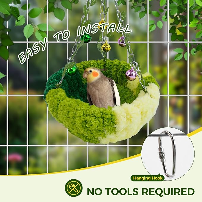 Admaison Bird Nest with Bell for Cage,Plush Hanging Bird Bed for Parakeet Indoor & Outdoor,Breeding Bird House for Conure,Budgie,Cockatiel,Lovebird,Canary,Finch,Hamster,Small Pets,Warm Nest,Green S